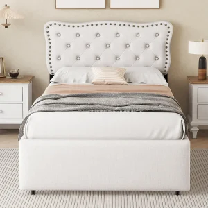 Gestoffeerd bed 90×200 cm lichtbeige met genageld hoofdbord, twee lades, stabiele structuur en strak design