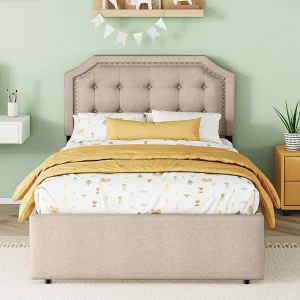 Gestoffeerd bed 90×200 cm donkerbeige met decoratief hoofdbord met nagels, twee lades, elegant en praktisch uiterlijk