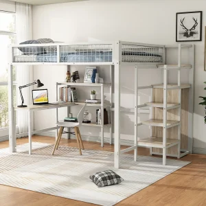 Halfhoogslaper 140×200 cm, metalen frame, ladder en planken, zonder matras, ingebouwde kast, bureau, Wit Halfhoogslaper 140×200 cm, metalen frame, ladder en planken, zonder matras, ingebouwde kast, bureau, Wit