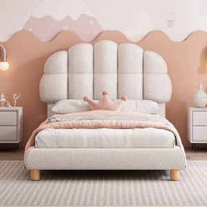 Gestoffeerd kinderbed 90×200 cm wit met zachte stof in wollook, lattenbodem, modern en comfortabel design Gestoffeerd kinderbed 90×200 cm wit met zachte stof in wollook, lattenbodem, modern en comfortabel design