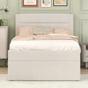 Gestoffeerd bed 90×200 cm beige met metalen structuur, grote opbergruimte, zonder matras, moderne stijl