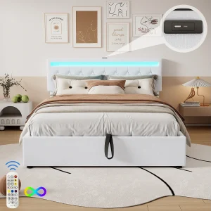 Gestoffeerd bed 160×200 cm, gepolsterde constructie, LED-verlichting, 24-knops afstandsbediening, opklapbaar, USB- en Type-C-aansluitingen, veel opbergruimte, Wit