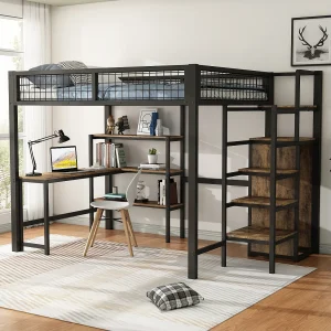 Halfhoogslaper 140×200 cm, metalen frame, ladder en planken, zonder matras, ingebouwde kast, bureau, Zwart Halfhoogslaper 140×200 cm, metalen frame, ladder en planken, zonder matras, ingebouwde kast, bureau, Zwart