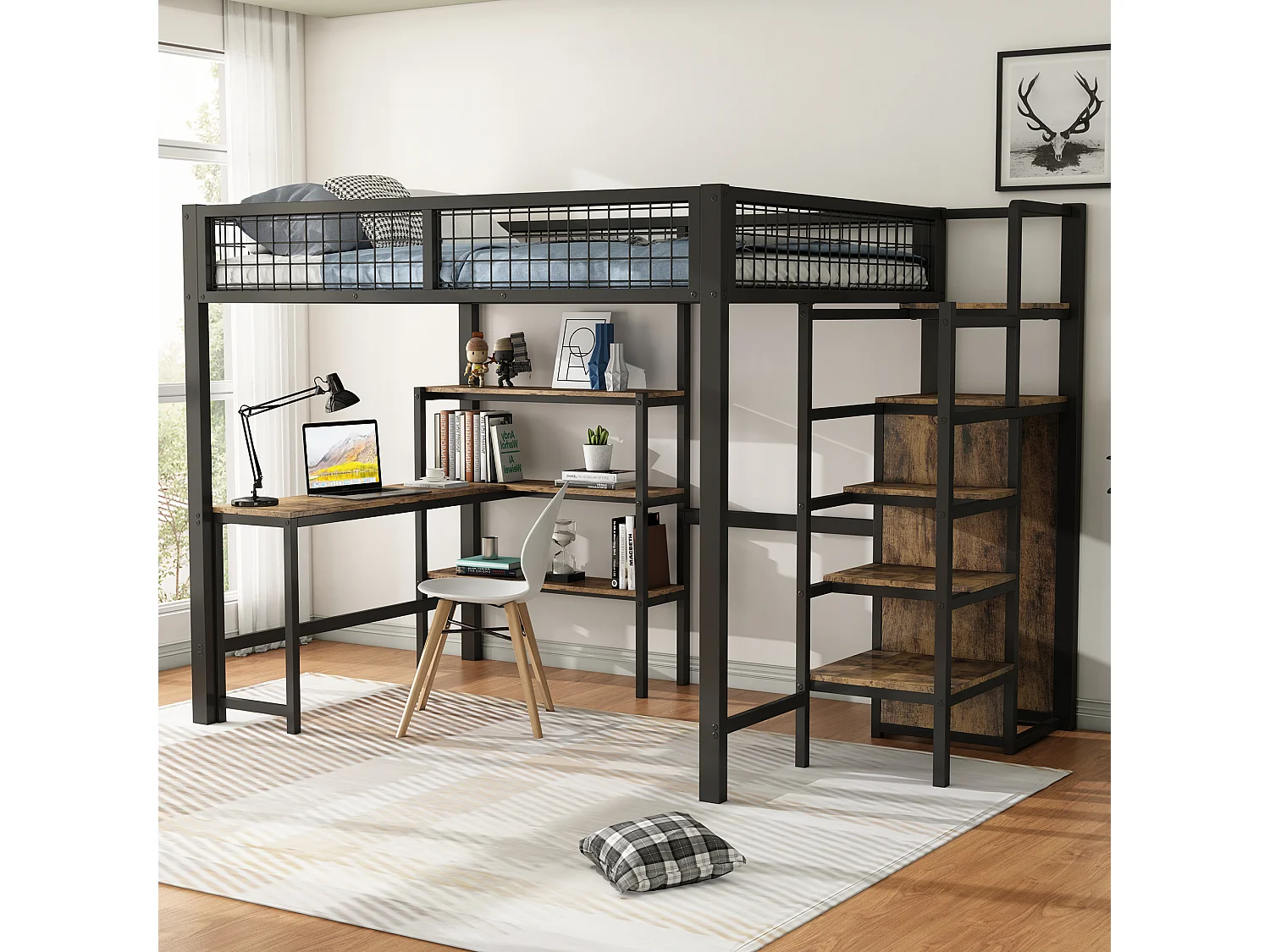 Halfhoogslaper 140x200 cm, metalen frame, ladder en planken, zonder matras, ingebouwde kast, bureau, Zwart
