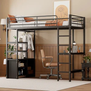 Halfhoogslaper 90×200 cm, zonder matras, bureau met stopcontact en USB, meerdere planken, open opbergruimte, leuning en ladder, metalen frame, Zwart Halfhoogslaper 90×200 cm, zonder matras, bureau met stopcontact en USB, meerdere planken, open opbergruimte, leuning en ladder, metalen frame, Zwart
