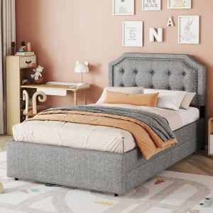 Gestoffeerd bed 90×200 cm grijs met genageld hoofdbord en dubbele lade, eenvoudig en comfortabel design voor tienerkamer