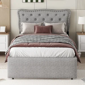 Gestoffeerd bed 90×200 cm grijs met hoofdbord met decoratieve nagels, twee opberglades, eenvoudig en praktisch design