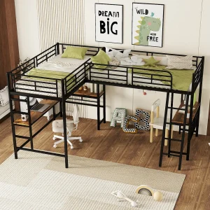 Halfhoogslaper 90×200 cm zwart, twee slaapplaatsen, geïntegreerd bureau onder, dubbele trap en hoog veiligheidsrek Halfhoogslaper 90×200 cm zwart, twee slaapplaatsen, geïntegreerd bureau onder, dubbele trap en hoog veiligheidsrek