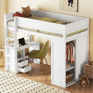 Halfhoogslaper 90×200 cm voor kinderen, multifunctioneel met kast, bureau en geïntegreerde lades, praktisch design, Wit