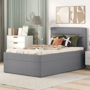 Gestoffeerd bed 90×200 cm grijs met metalen frame, grote opbergbox, zonder matras, functioneel design
