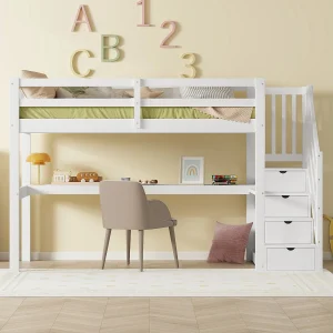 Halfhoogslaper 90×200 cm wit met lades en geïntegreerd bureau onder het bed voor kinderen Halfhoogslaper 90×200 cm wit met lades en geïntegreerd bureau onder het bed voor kinderen