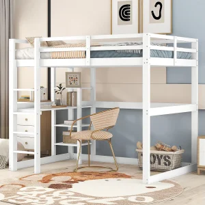 Halfhoogslaper voor kinderen 140×200 cm, grenenhouten frame met 4 vakken en geïntegreerd bureau, praktisch en functioneel ontwerp, Wit