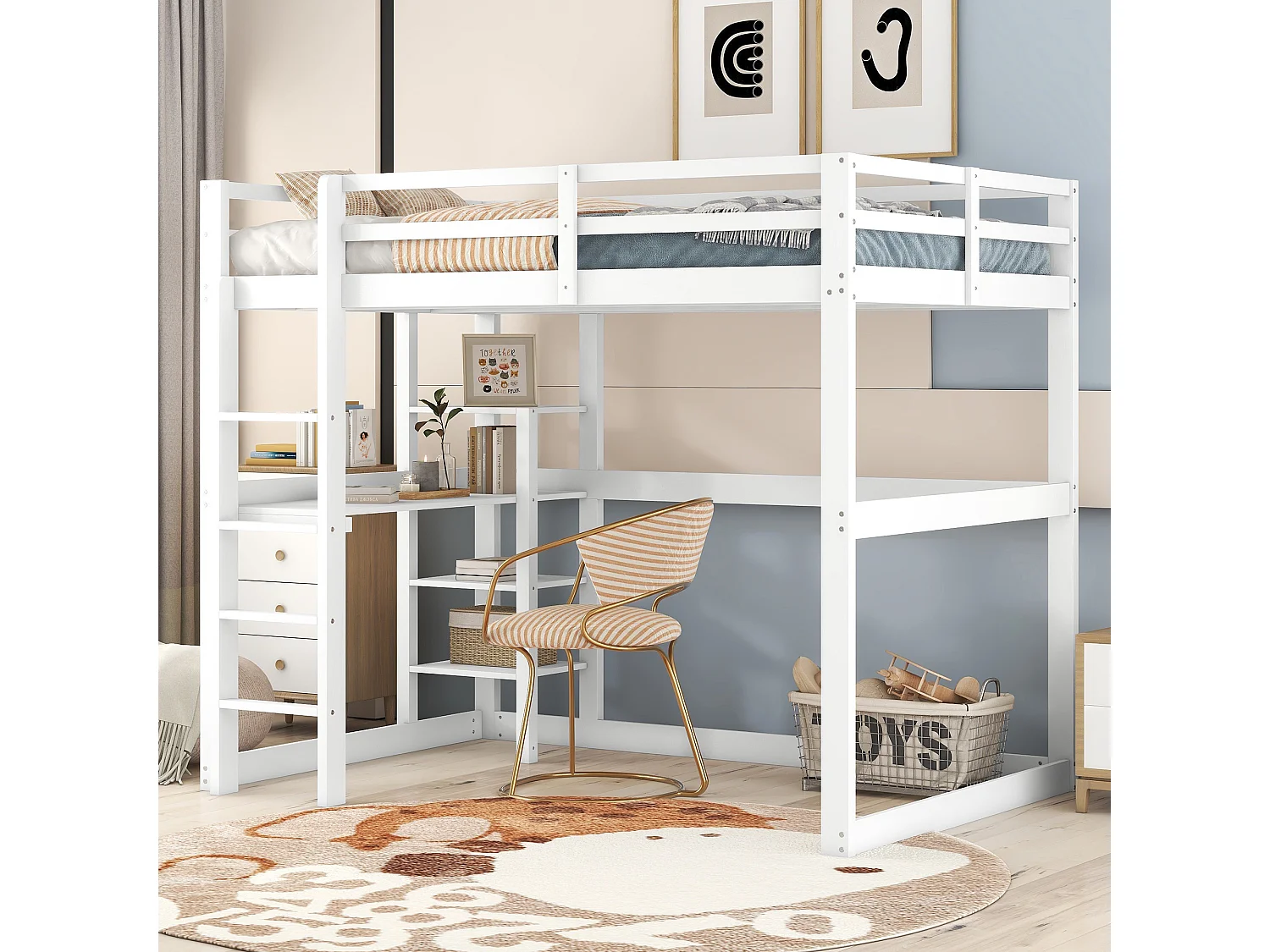 Halfhoogslaper voor kinderen 140x200 cm, grenenhouten frame met 4 vakken en geïntegreerd bureau, praktisch en functioneel ontwerp, Wit