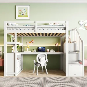 Halfhoogslaper 90×200 cm voor kinderen, met bureau, ladder en twee lades, Wit