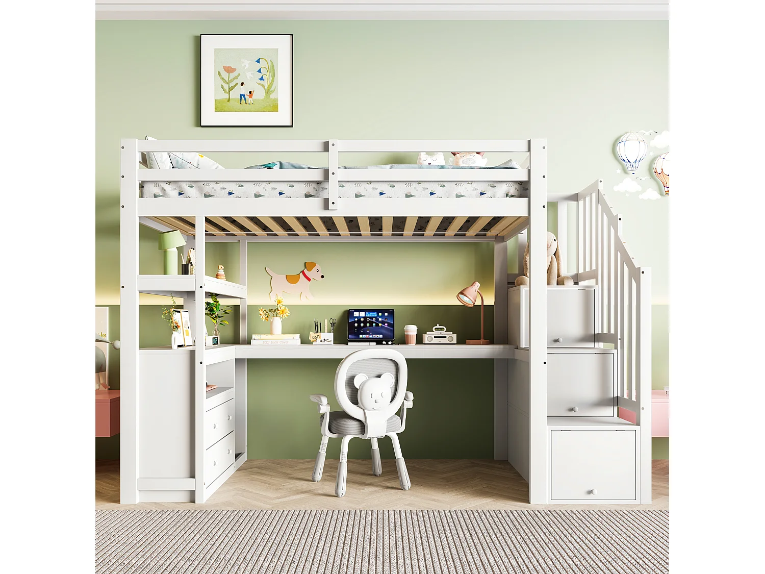 Halfhoogslaper 90x200 cm voor kinderen, met bureau, ladder en twee lades, Wit