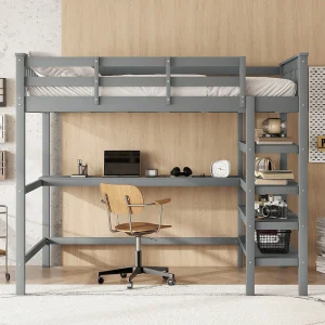 Halfhoogslaper 140×200 cm voor kinderen met opbergvakken en geïntegreerd bureau, zonder matras, grenenhout, Grijs Halfhoogslaper 140×200 cm voor kinderen met opbergvakken en geïntegreerd bureau, zonder matras, grenenhout, Grijs