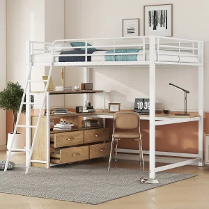 Halfhoogslaper 140×200 cm, metalen frame, praktische laden, L-vormig bureau design, laminaat, zonder matras, Wit Halfhoogslaper 140×200 cm, metalen frame, praktische laden, L-vormig bureau design, laminaat, zonder matras, Wit