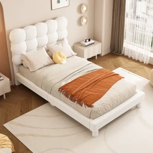 Gestoffeerd bed 90×200 cm wit met drievoudig verstelbaar hoofdbord, zachte roze bekleding, eenvoudig en comfortabel design