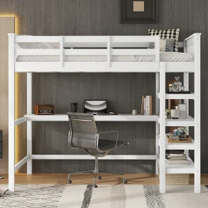 Halfhoogslaper 140×200 cm voor kinderen met opbergvakken en geïntegreerd bureau, zonder matras, grenenhout, Wit Halfhoogslaper 140×200 cm voor kinderen met opbergvakken en geïntegreerd bureau, zonder matras, grenenhout, Wit