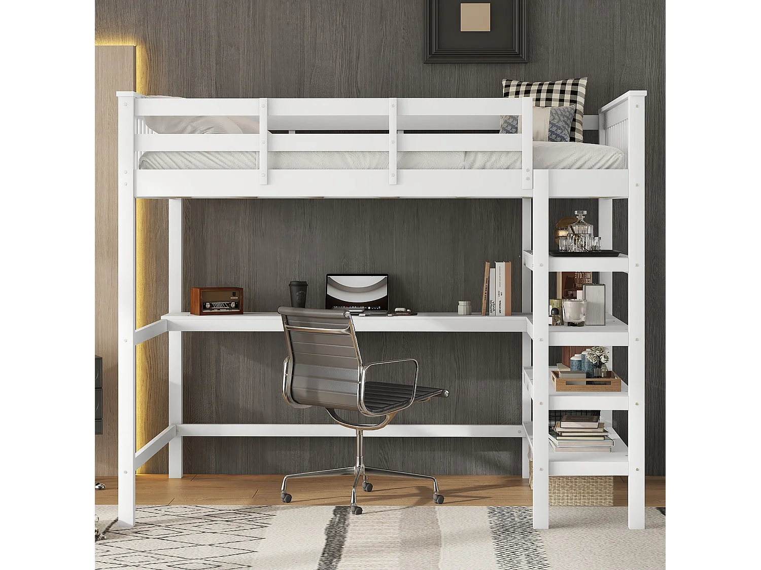 Halfhoogslaper 140x200 cm voor kinderen met opbergvakken en geïntegreerd bureau, zonder matras, grenenhout, Wit