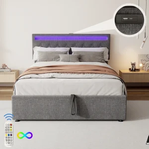 Gestoffeerd bed 140×200 cm, gepolsterde constructie, LED-verlichting, 24-knops afstandsbediening, opklapbaar, USB- en Type-C-aansluitingen, veel opbergruimte, Grijs Gestoffeerd bed 140×200 cm, gepolsterde constructie, LED-verlichting, 24-knops afstandsbediening, opklapbaar, USB- en Type-C-aansluitingen, veel opbergruimte, Grijs