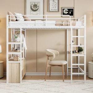 Halfhoogslaper 90×200 cm, zonder matras, geïntegreerd bureau, USB- en stroomaansluiting, meerdere planken, open opbergruimte, leuning en ladder, metalen frame, Wit Halfhoogslaper 90×200 cm, zonder matras, geïntegreerd bureau, USB- en stroomaansluiting, meerdere planken, open opbergruimte, leuning en ladder, metalen frame, Wit