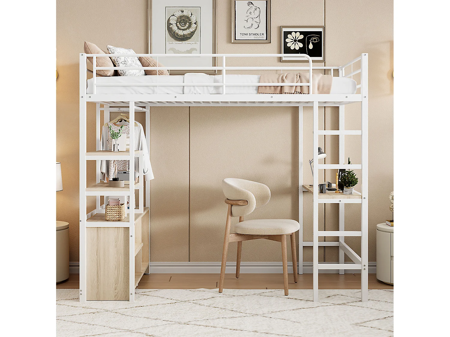Halfhoogslaper 90x200 cm, zonder matras, geïntegreerd bureau, USB- en stroomaansluiting, meerdere planken, open opbergruimte, leuning en ladder, metalen frame, Wit
