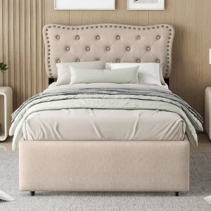 Gestoffeerd bed 90×200 cm donkerbeige met genageld hoofdbord, dubbele geïntegreerde lade, modern en functioneel design