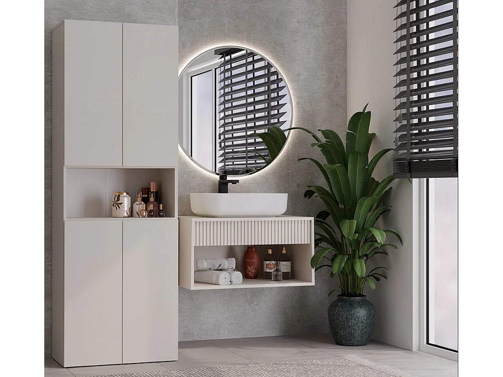 GLAZE – Badkamerkast met wasmand – Moderne stijl – 174x60x30 cm – Kolomkast badkamer – Beige
