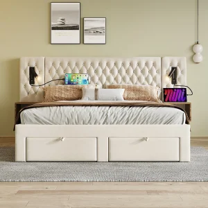 Gestoffeerd tweepersoonsbed 160 x 200 cm, met nachtkastjes en lades, leeslampje, beige Gestoffeerd tweepersoonsbed 160 x 200 cm, met nachtkastjes en lades, leeslampje, beige