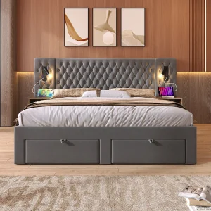 Gestoffeerd tweepersoonsbed 160 x 200 cm, met nachtkastjes en lades, leeslampje, grijs Gestoffeerd tweepersoonsbed 160 x 200 cm, met nachtkastjes en lades, leeslampje, grijs