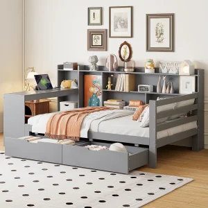 Grijze eenpersoons slaapbank 90x200cm met 2 lades, bureau, stopcontact en opbergruimte, grenen + MDF Grijze eenpersoons slaapbank 90x200cm met 2 lades, bureau, stopcontact en opbergruimte, grenen + MDF
