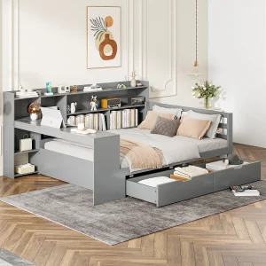 Grijze eenpersoons slaapbank 140x200cm met 2 lades, bureau, stopcontact en opbergruimte, grenen + MDF Grijze eenpersoons slaapbank 140x200cm met 2 lades, bureau, stopcontact en opbergruimte, grenen + MDF
