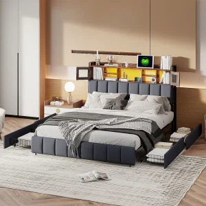 Gestoffeerd bed 140x200cm met USB en stopcontacten, tweepersoonsbed met 4 lades, opbergbed met LED, linnen, zwart Gestoffeerd bed 140x200cm met USB en stopcontacten, tweepersoonsbed met 4 lades, opbergbed met LED, linnen, zwart