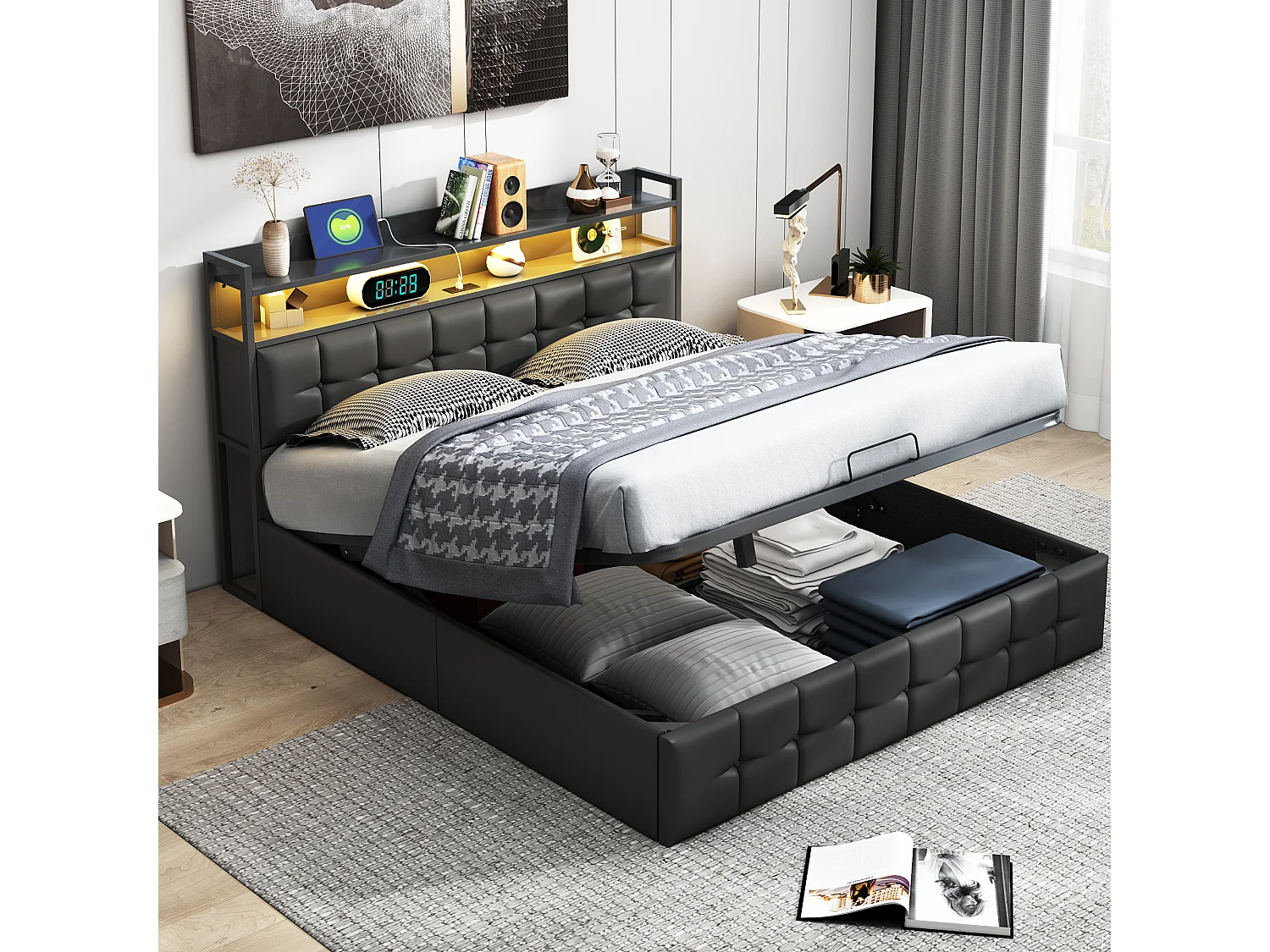 Gestoffeerd opbergbed 160x200cm in leder stof - met LED en oplaadpoort - Zwart