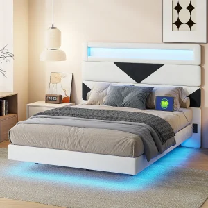 Gestoffeerd bed 140x190cm met USB & LED, opbergbed met driehoekig hoofdeinde, fluweel, wit & zwart