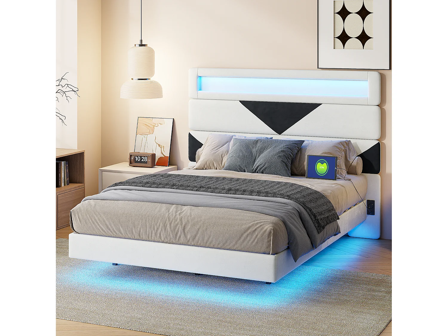 Gestoffeerd bed 140x190cm met USB & LED, opbergbed met driehoekig hoofdeinde, fluweel, wit & zwart