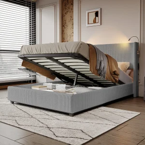 Gestoffeerd bed 140x200cm met lattenbodem & leeslampjes, opbergbed tweepersoonsbed, grijs Gestoffeerd bed 140x200cm met lattenbodem & leeslampjes, opbergbed tweepersoonsbed, grijs