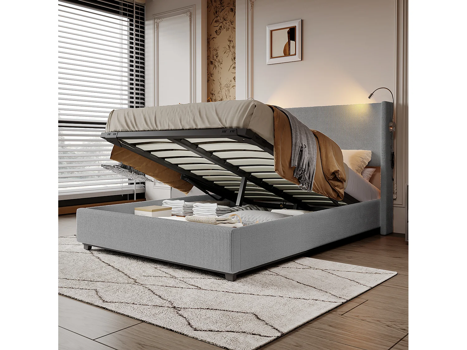 Gestoffeerd bed 140x200cm met lattenbodem & leeslampjes, opbergbed tweepersoonsbed, grijs