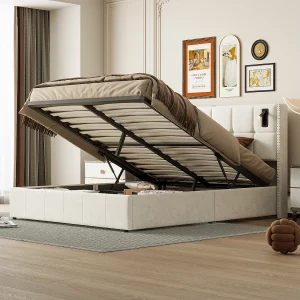 Gestoffeerd bed 140x200cm met lattenbodem & leeslampjes, opbergbed tweepersoonsbed, fluweel, beige Gestoffeerd bed 140x200cm met lattenbodem & leeslampjes, opbergbed tweepersoonsbed, fluweel, beige