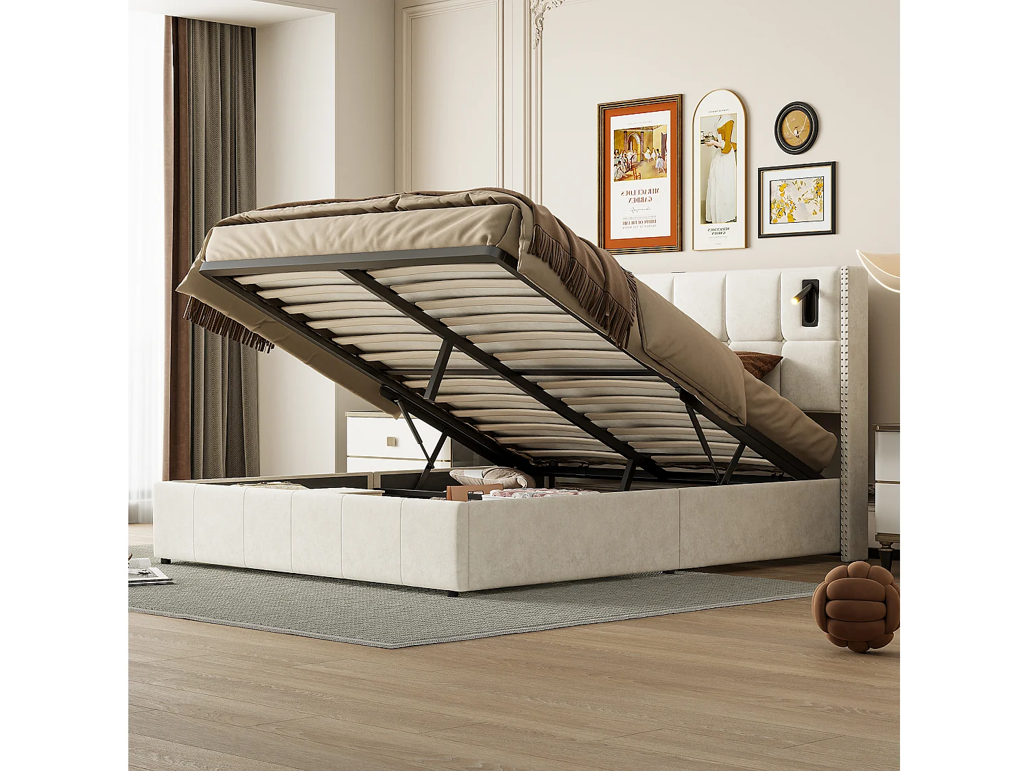 Gestoffeerd bed 140x200cm met lattenbodem & leeslampjes, opbergbed tweepersoonsbed, fluweel, beige