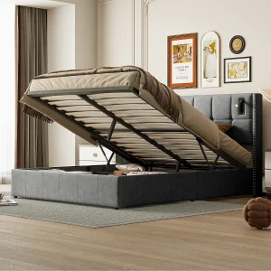 Gestoffeerd bed 140x200cm met lattenbodem & leeslampjes, tweepersoonsbed met opbergruimte, fluweel, grijs Gestoffeerd bed 140x200cm met lattenbodem & leeslampjes, tweepersoonsbed met opbergruimte, fluweel, grijs