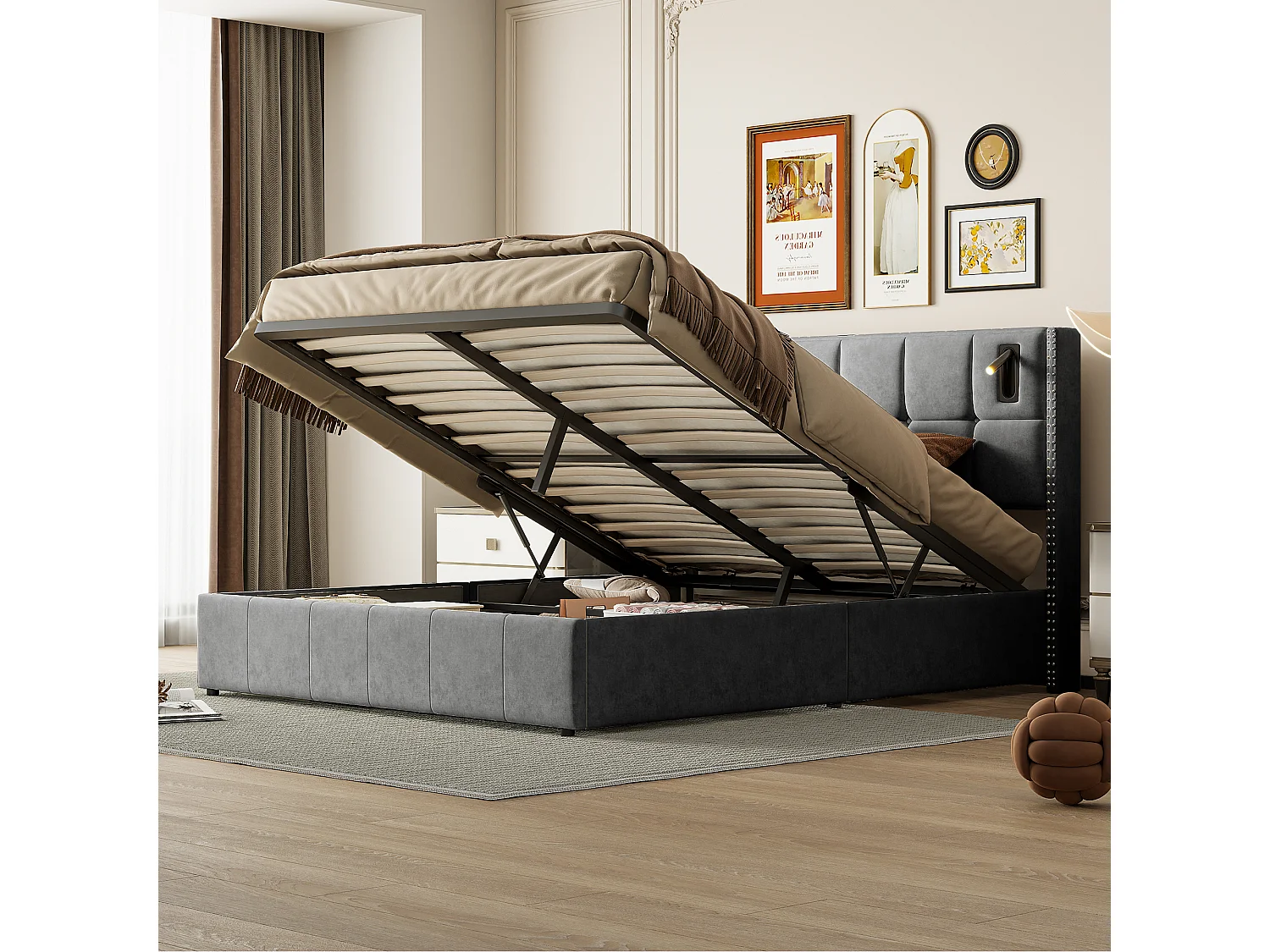 Gestoffeerd bed 140x200cm met lattenbodem & leeslampjes, tweepersoonsbed met opbergruimte, fluweel, grijs