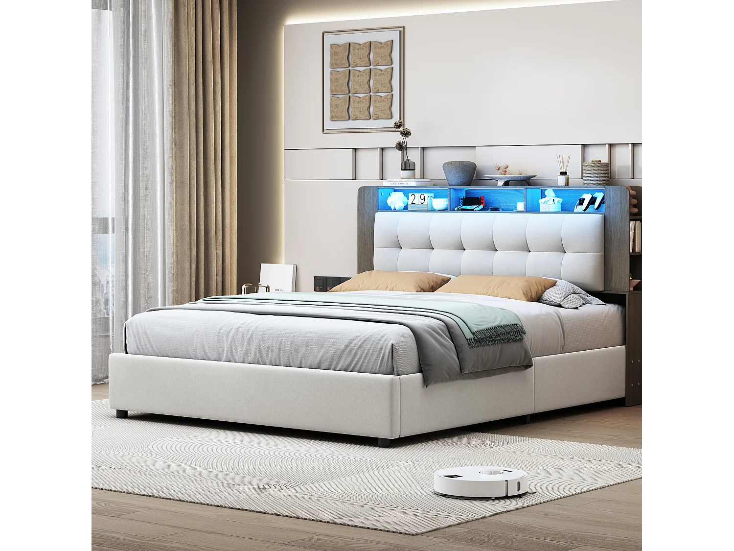 Gestoffeerd bed 140x200cm met lattenbodem, opbergbed en LED, fluweel, wit