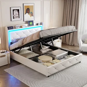 Gestoffeerd bed 140x200cm met USB, tweepersoonsbed, opbergbed met LED, kunstleer, bedframe, wit Gestoffeerd bed 140x200cm met USB, tweepersoonsbed, opbergbed met LED, kunstleer, bedframe, wit