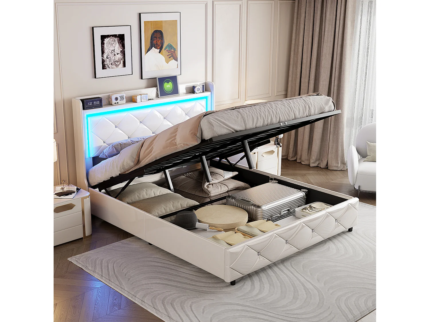 Gestoffeerd bed 140x200cm met USB, tweepersoonsbed, opbergbed met LED, kunstleer, bedframe, wit