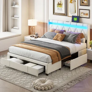 Gestoffeerd tweepersoonsbed 160x200cm met 4 lades en LED, USB, bedframe, beige linnen Gestoffeerd tweepersoonsbed 160x200cm met 4 lades en LED, USB, bedframe, beige linnen