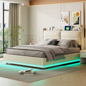 Gestoffeerd bed 140x200cm met draadloos opladen (USB & Type-c), tweepersoonsbed met LED, fluweel, beige Gestoffeerd bed 140x200cm met draadloos opladen (USB & Type-c), tweepersoonsbed met LED, fluweel, beige