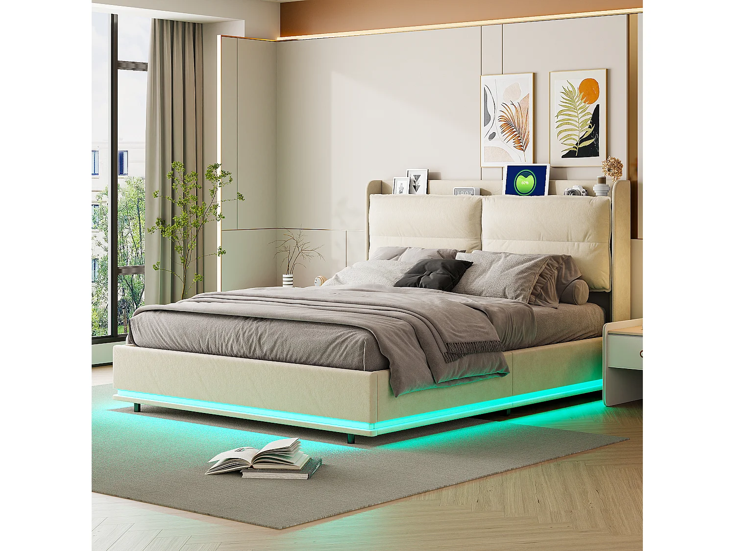 Gestoffeerd bed 140x200cm met draadloos opladen (USB & Type-c), tweepersoonsbed met LED, fluweel, beige