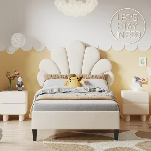 Gestoffeerd eenpersoonsbed 90 x 200 cm, bloemvormig hoofdbord, lattenbodem, fluweel, beige